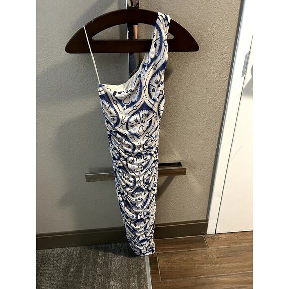 House of Harlow One Shoulder Ruched Dress, Blue, Cream Size XS - Picture 1 of 5